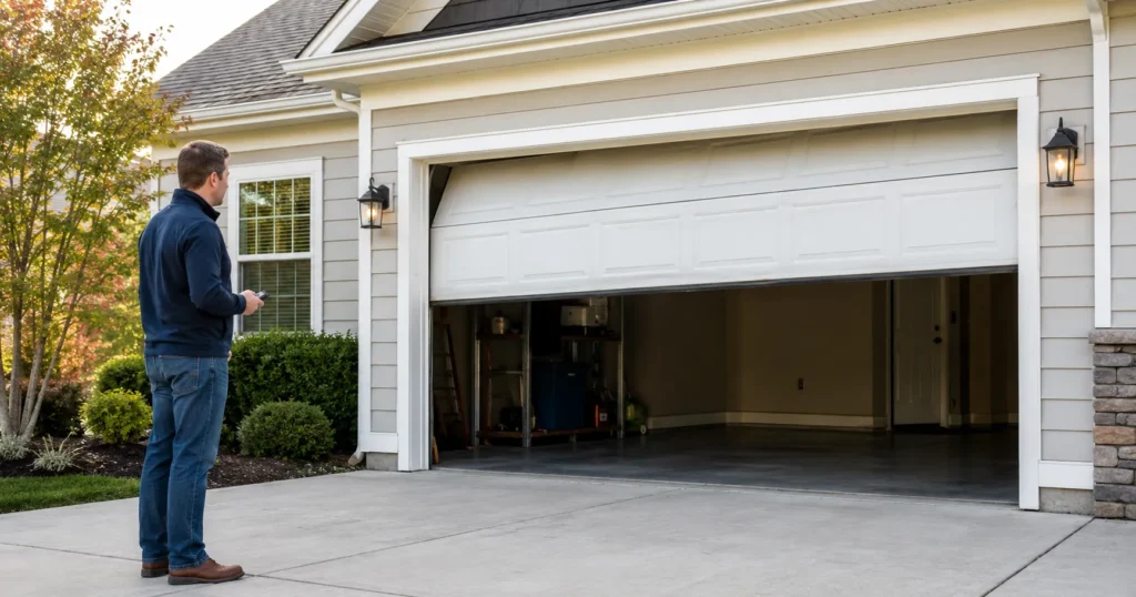 Garage door partly open due to a possible opener or spring problem